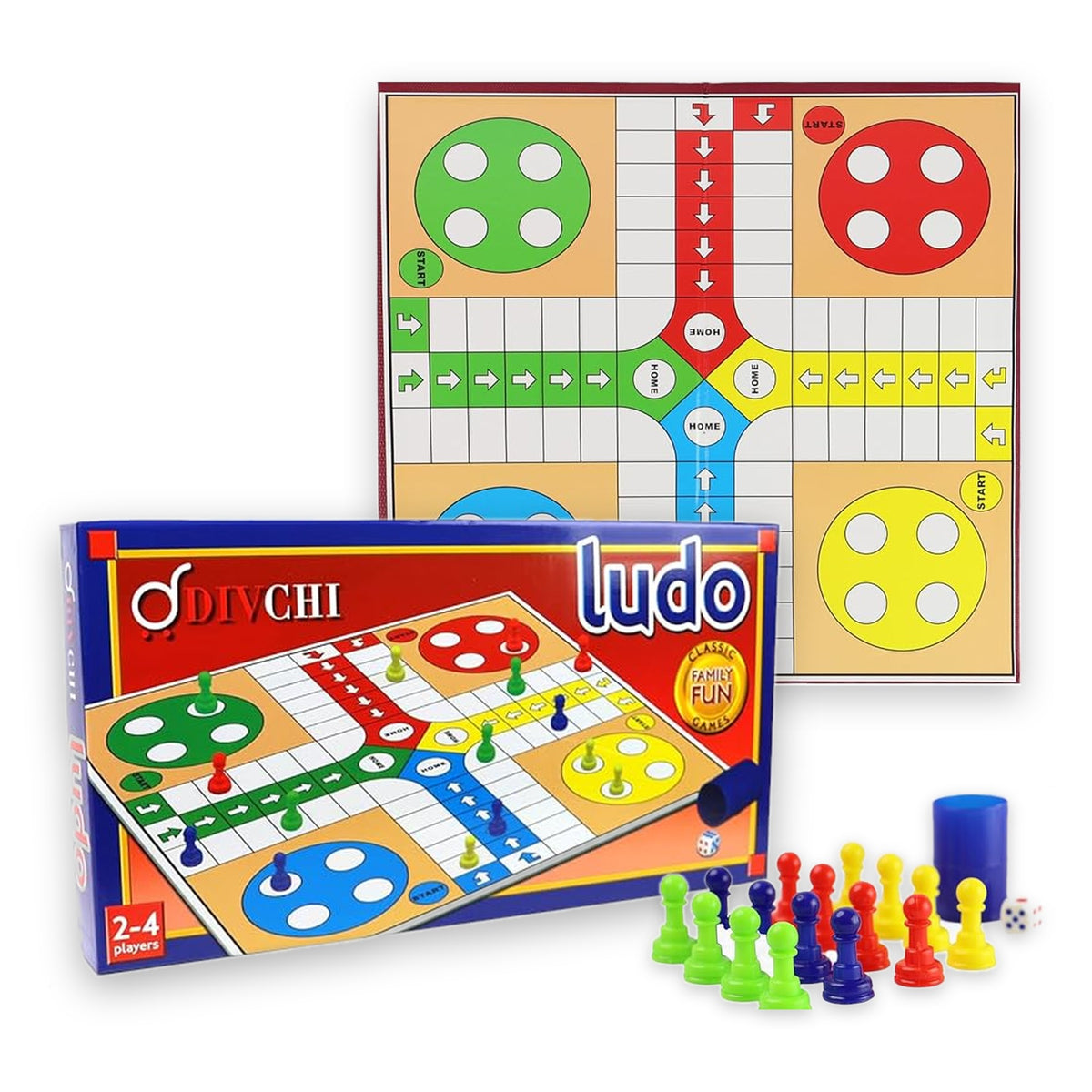 DIVCHI Ludo board game box with folding board, 16 counters, die and shaker