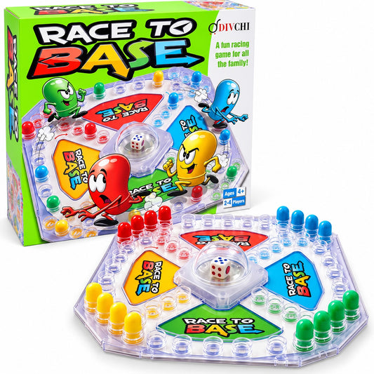 DIVCHI Race To Base board game box with clear game board, pop-up dice dome and red, blue, yellow and green pieces