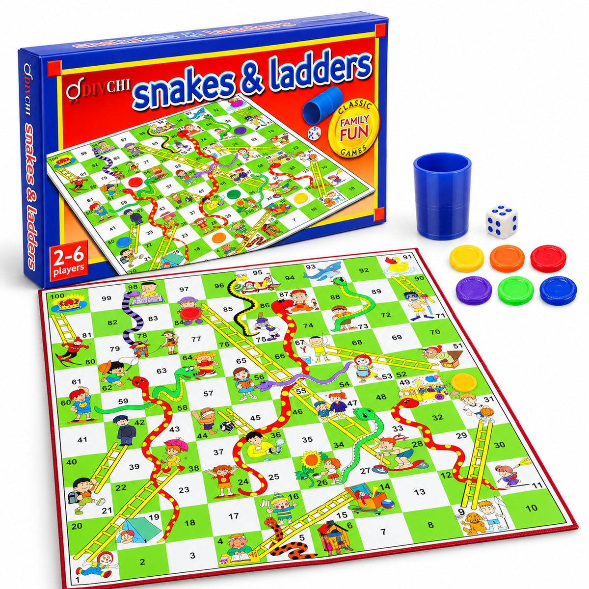 DIVCHI Snakes & Ladders board game box with folding board, dice shaker, dice and 6 coloured counters