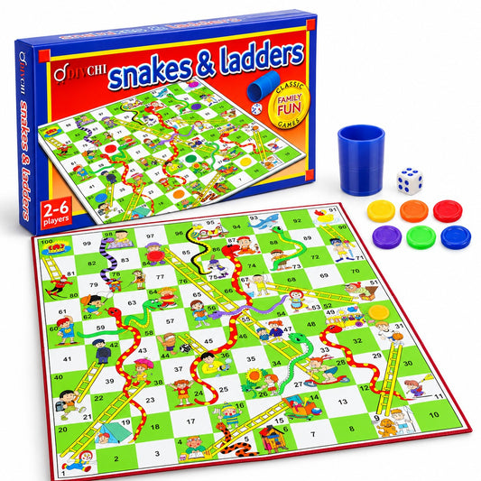 DIVCHI Snakes & Ladders board game box with folding board, dice shaker, dice and 6 coloured counters