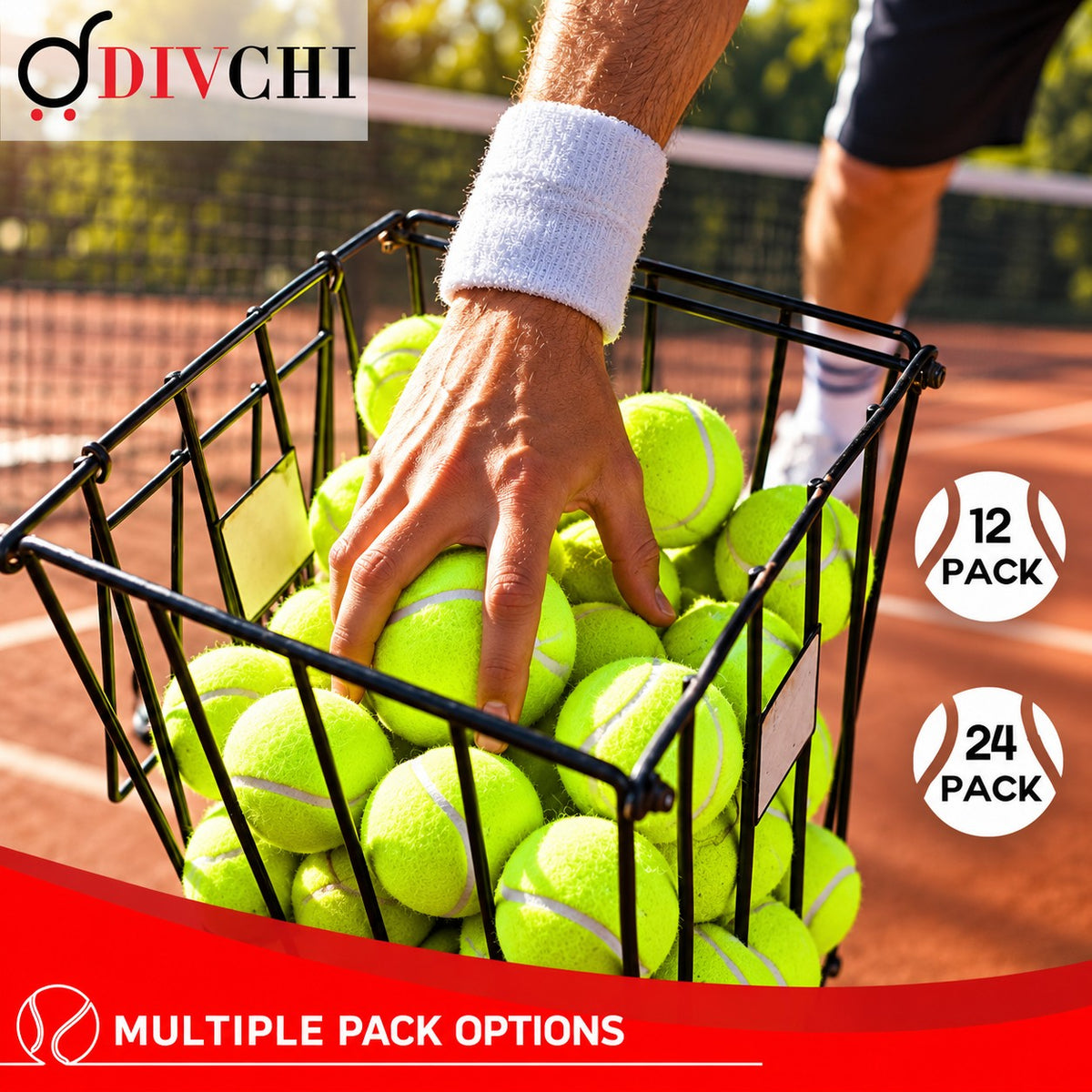 DIVCHI tennis balls stacked in front of a black drawstring mesh carry bag full of tennis balls