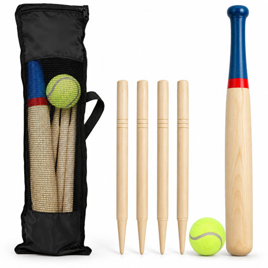 DIVCHI wooden rounders set with bat, 4 stumps, soft ball and mesh carry bag