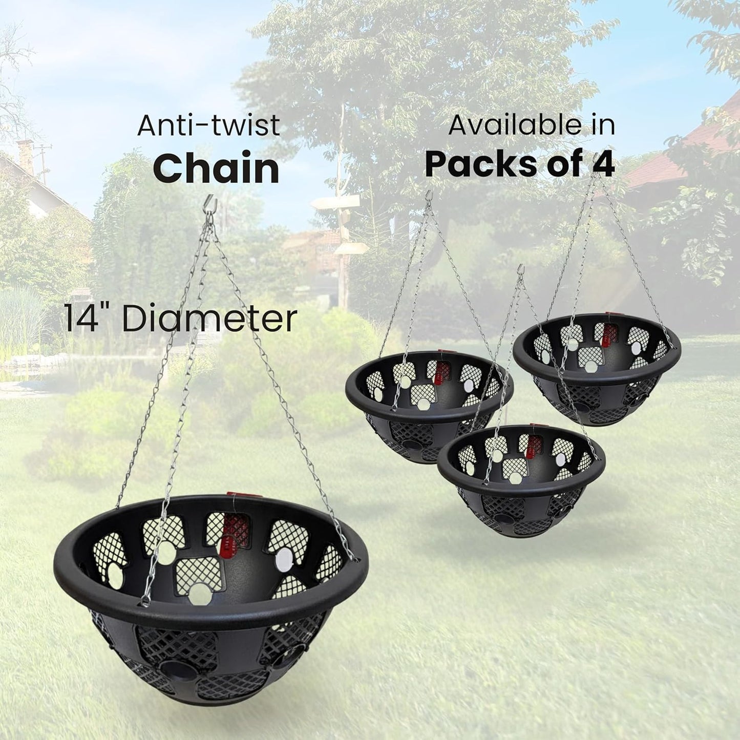 DIVCHI 14-Inch Hanging Basket Set of 4 – Durable Garden Planters with Chains for Balcony, Patio & Outdoor Use