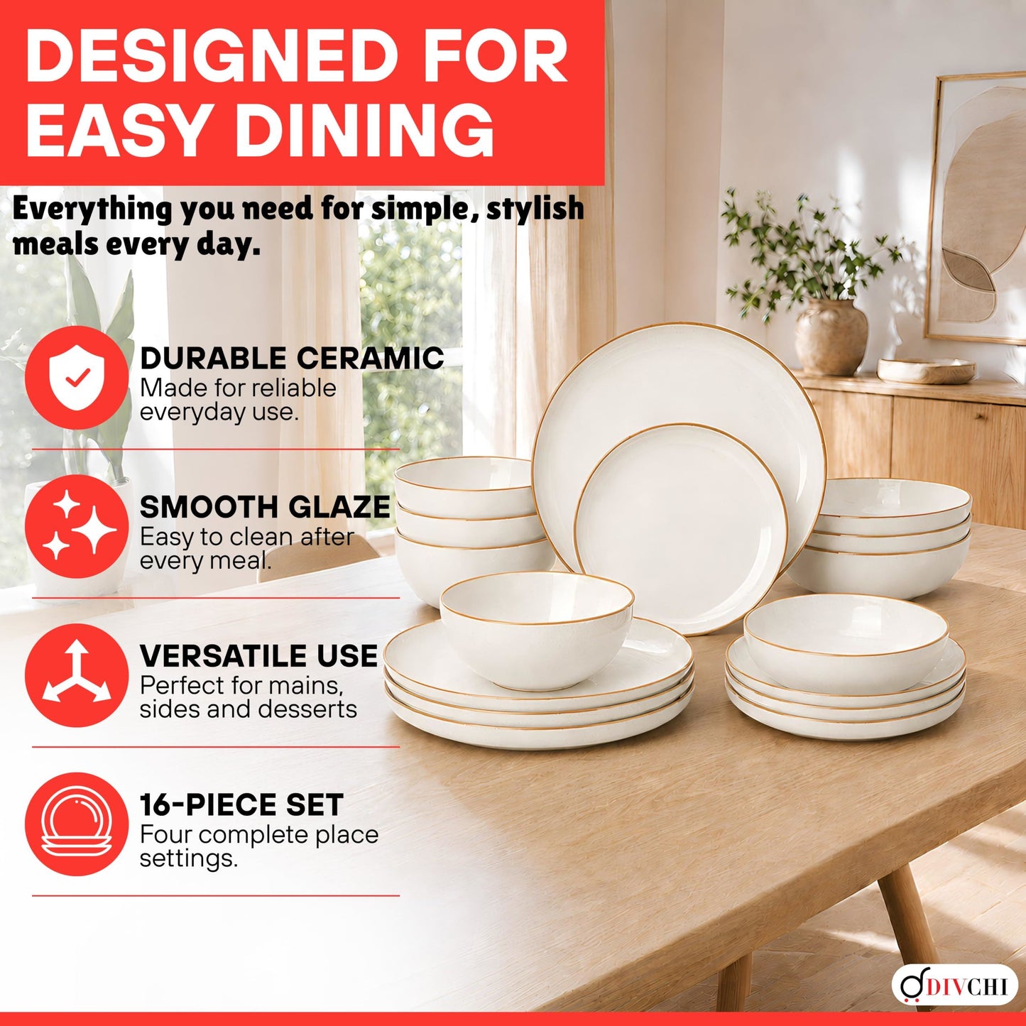 DIVCHI 16-Piece Dinner Set for 4 Ceramic Dinnerware Set