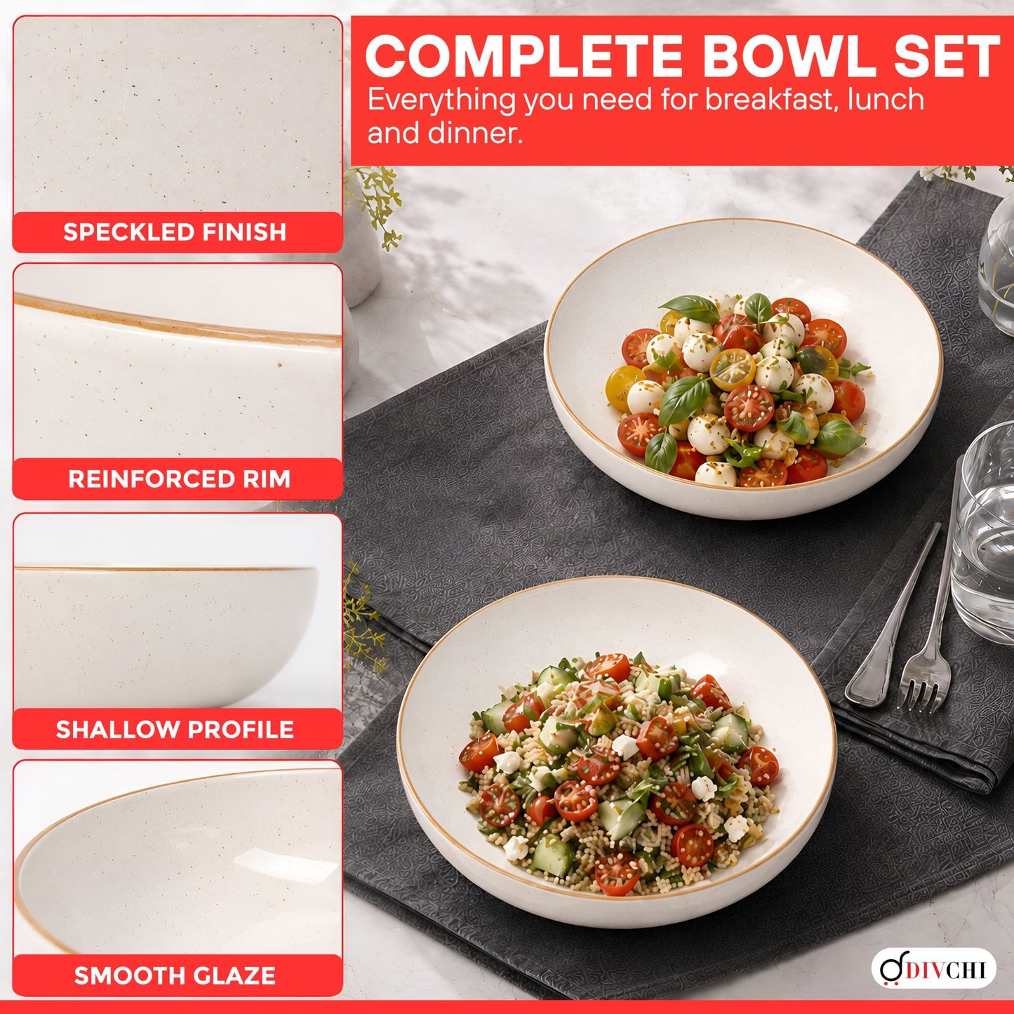 DIVCHI Bowls Set of 6, Ceramic Serving Bowl
