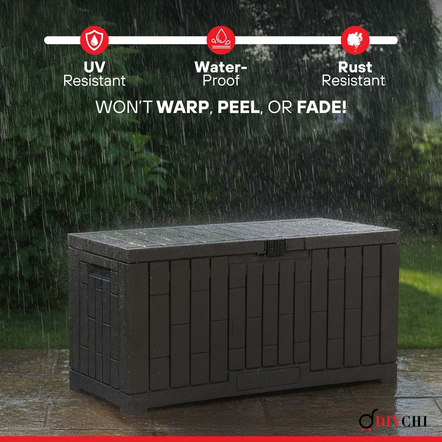 DIVCHI Outdoor Storage Box Waterproof Deck Box for Garden Tools Patio Cushions and Pool Accessories Lockable Easy Assembly Versatile Bench or Table (60 Gallon)
