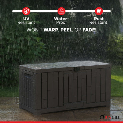 DIVCHI Outdoor Storage Box Waterproof Deck Box for Garden Tools Patio Cushions and Pool Accessories Lockable Easy Assembly Versatile Bench or Table (60 Gallon)