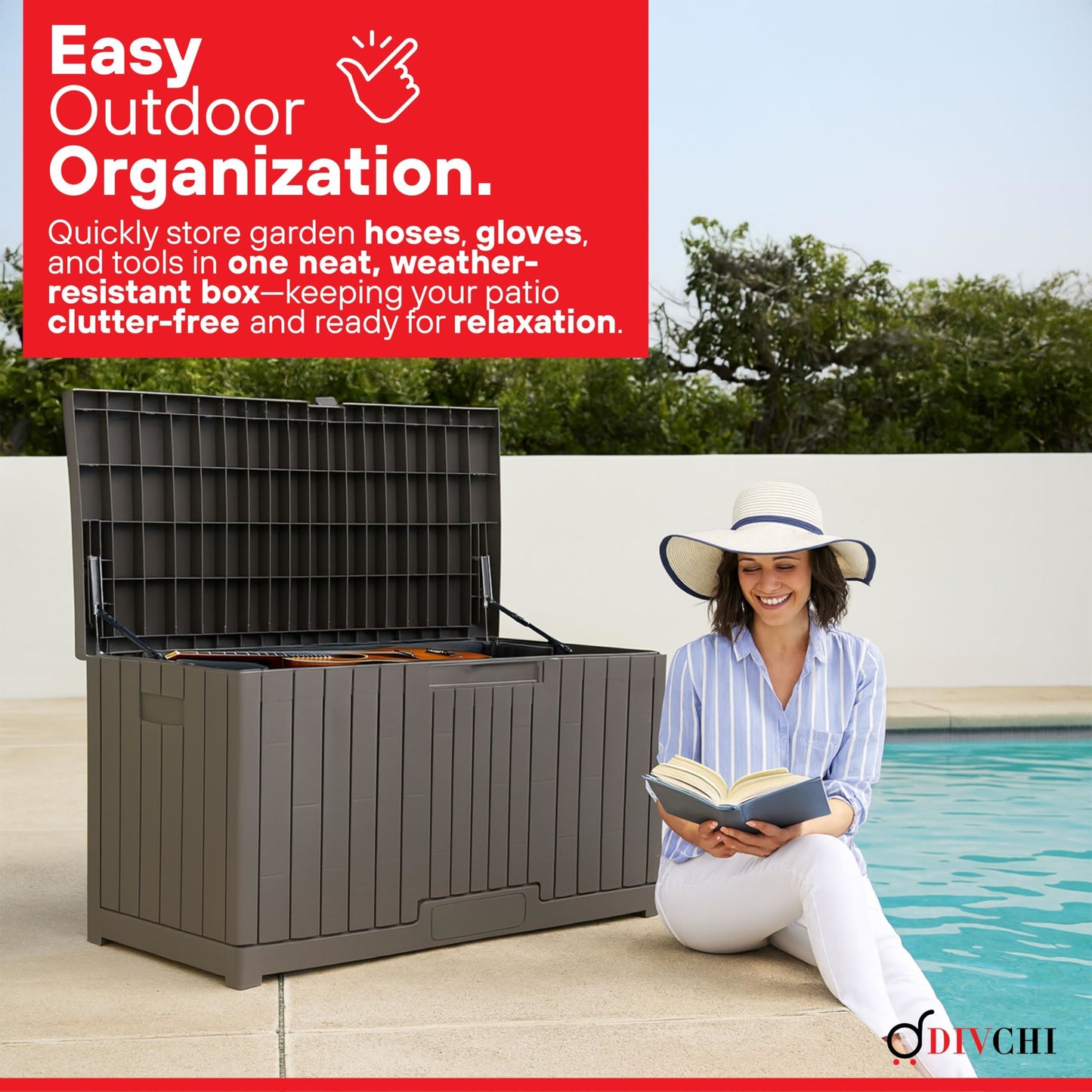 DIVCHI Outdoor Storage Box Waterproof Deck Box for Garden Tools Patio Cushions and Pool Accessories Lockable Easy Assembly Versatile Bench or Table (120 Gallon)
