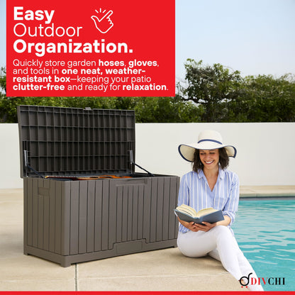 DIVCHI Outdoor Storage Box Waterproof Deck Box for Garden Tools Patio Cushions and Pool Accessories Lockable Easy Assembly Versatile Bench or Table (120 Gallon)