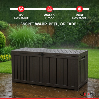 DIVCHI Outdoor Storage Box Waterproof Deck Box for Garden Tools Patio Cushions and Pool Accessories Lockable Easy Assembly Versatile Bench or Table (120 Gallon)