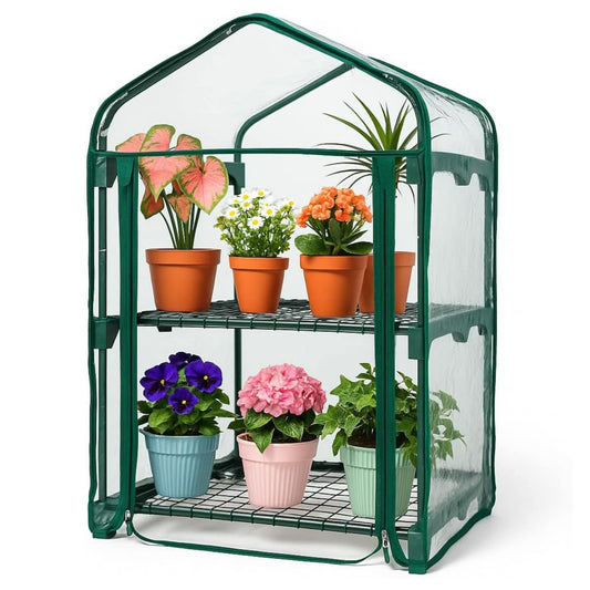 Portable greenhouse with potted plants on a white background