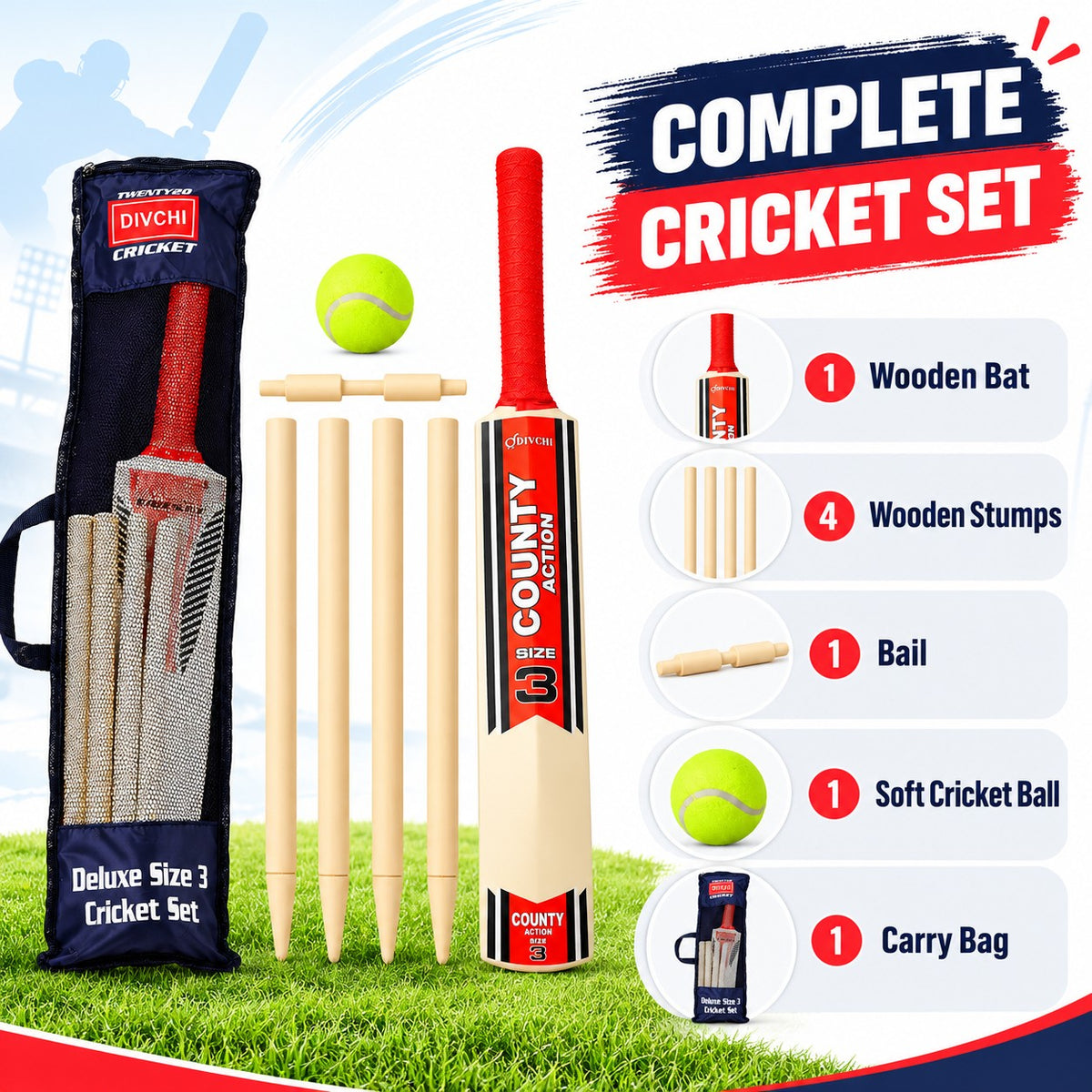 Complete cricket set contents: 1 wooden bat, 4 wooden stumps, 1 bail, 1 soft ball, 1 carry bag