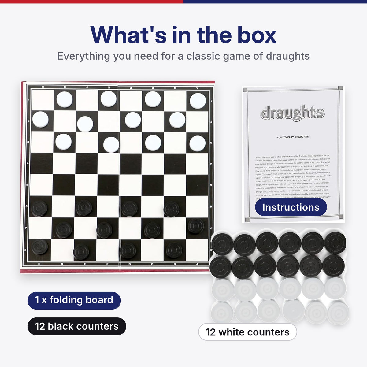 What's in the box: folding draughts board, instructions, 12 black and 12 white counters