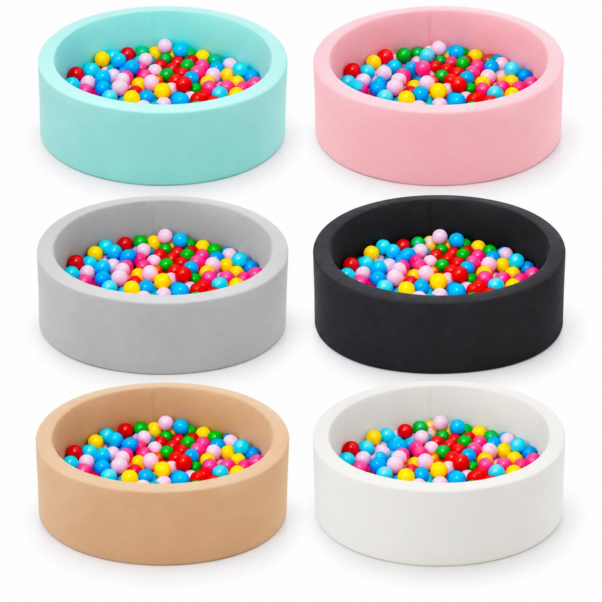 DIVCHI foam ball pit colour options: blue, pink, grey, black, brown and white