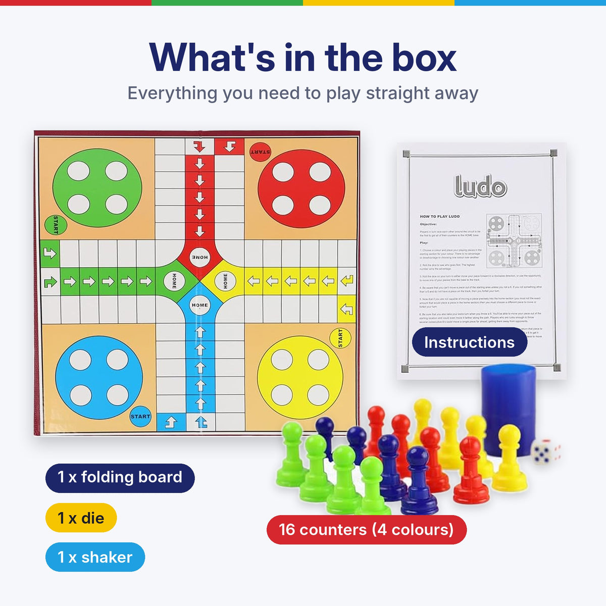 What's in the box: folding Ludo board, instructions, 16 counters in 4 colours, 1 die and 1 shaker