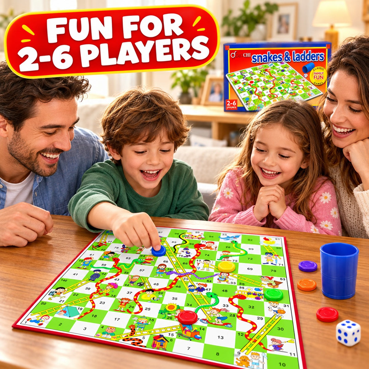 Family laughing while playing DIVCHI Snakes & Ladders, a classic board game for 2 to 6 players