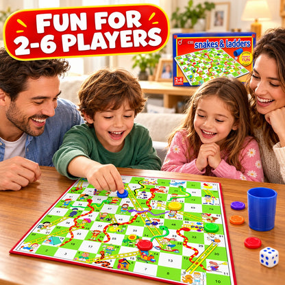 Family laughing while playing DIVCHI Snakes & Ladders, a classic board game for 2 to 6 players