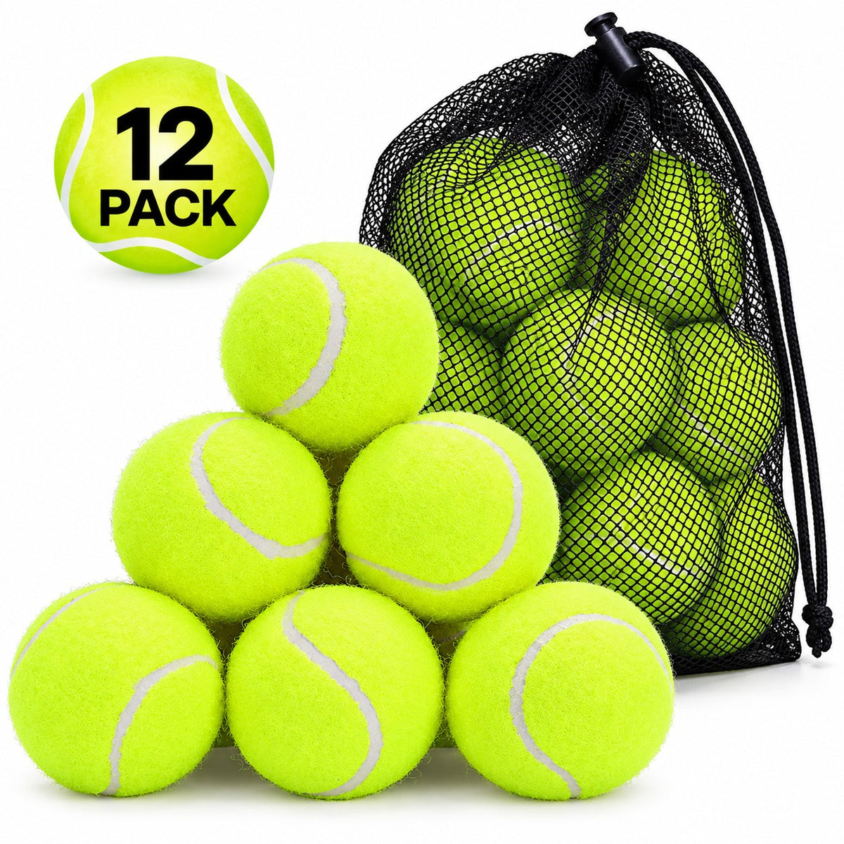 DIVCHI 12 pack of tennis balls with black mesh carry bag
