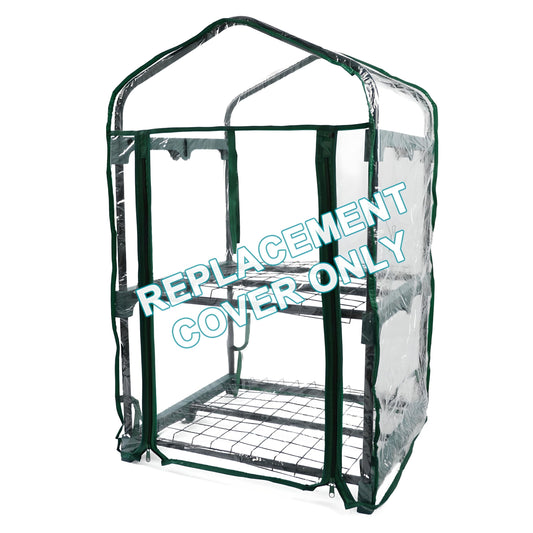 Clear greenhouse cover with green frame on a white background, labeled 'Replacement Cover Only'.