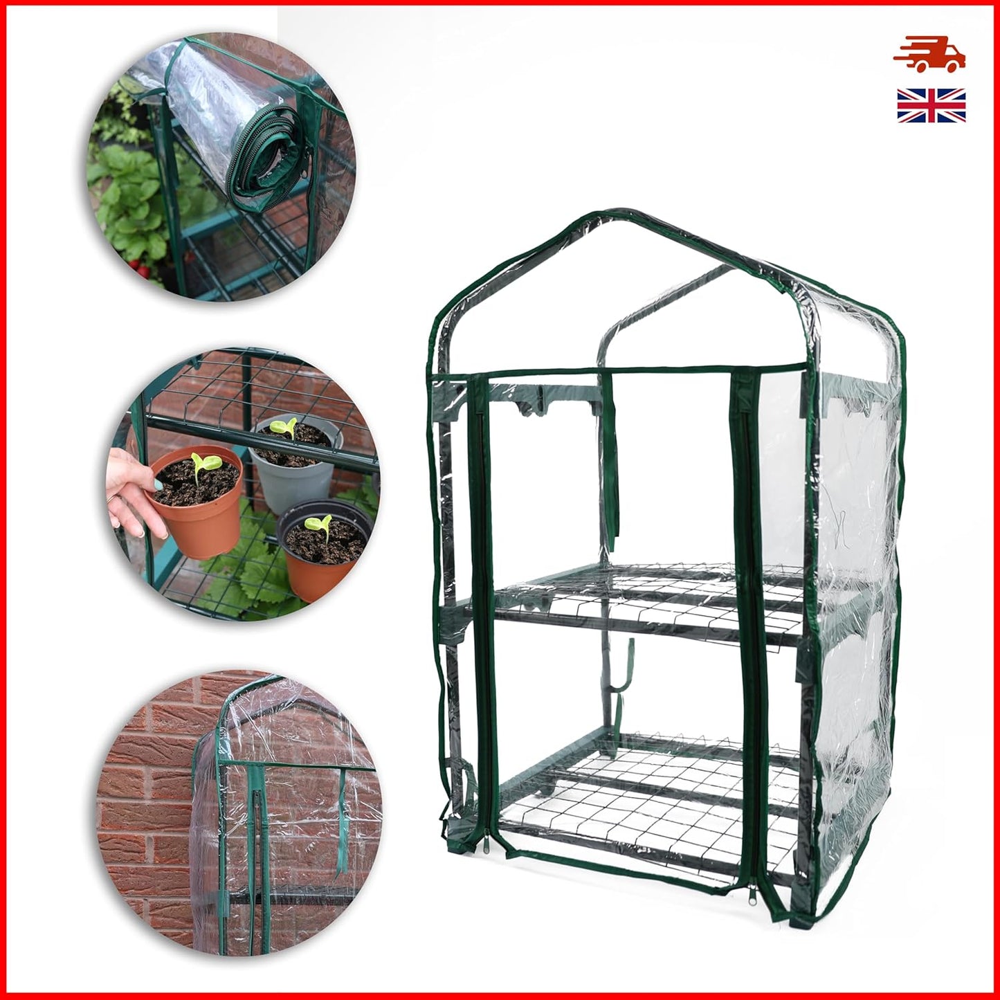 Portable greenhouse with clear cover and shelves, showing plant care images.