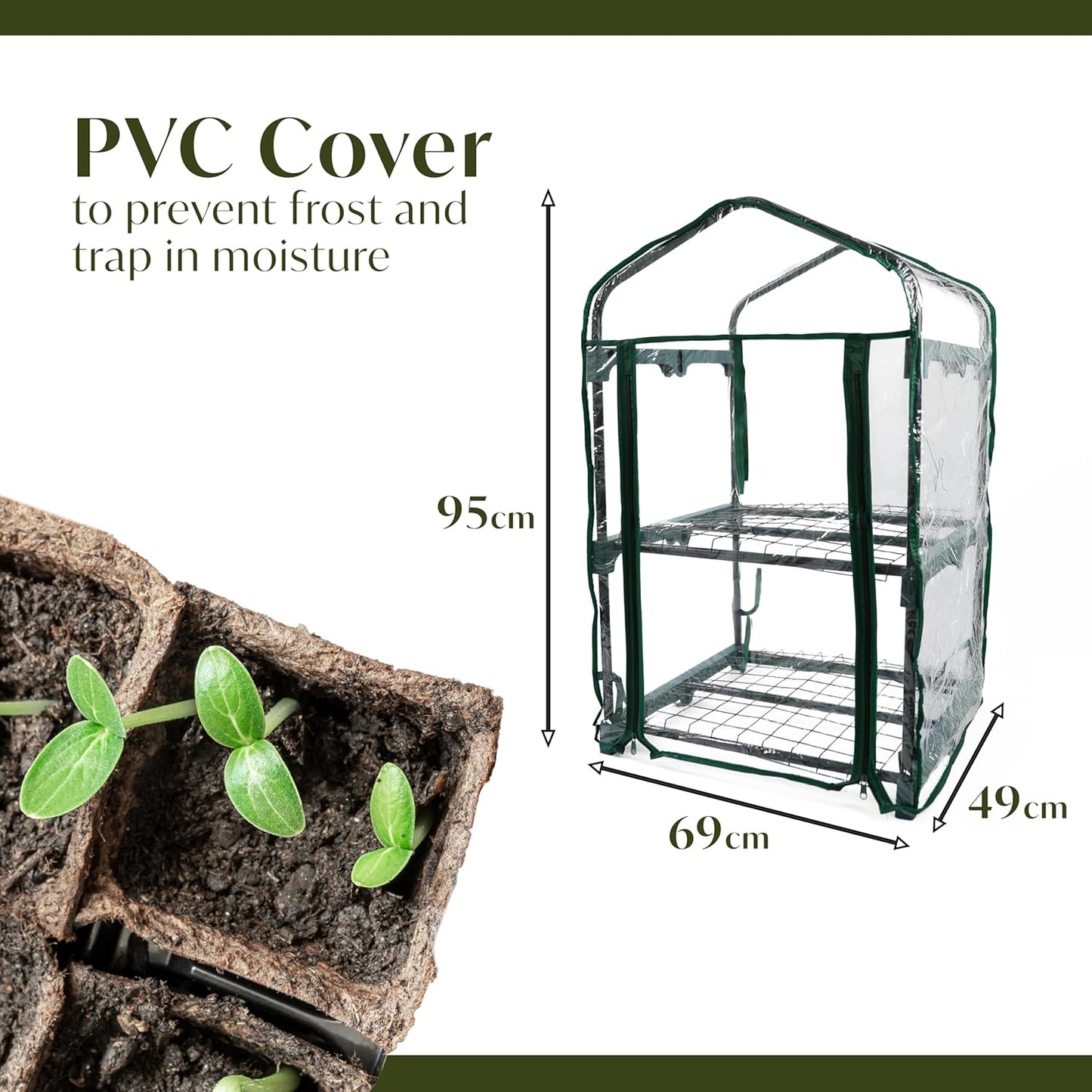 Small greenhouse with PVC cover, showing dimensions and a close-up of seedlings.