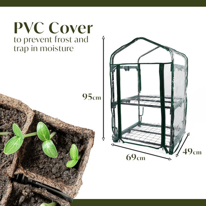 Small greenhouse with PVC cover, showing dimensions and a close-up of seedlings.
