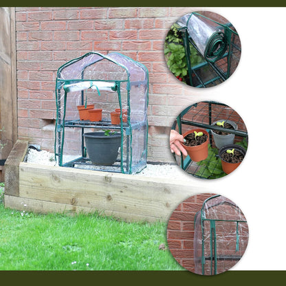 Mini greenhouse with plants, roll of clear plastic, and close-ups on a brick wall background.