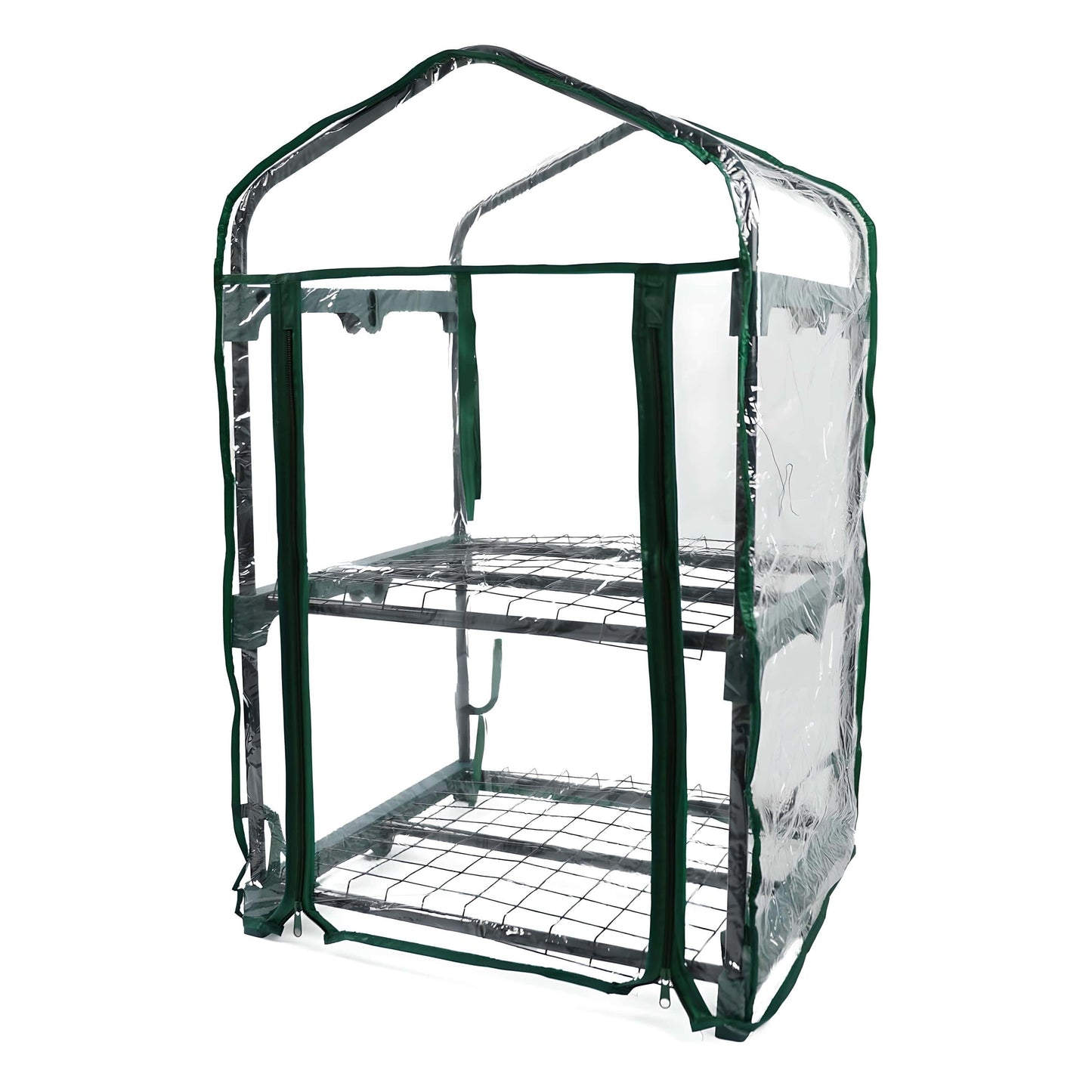 Portable greenhouse with clear plastic cover and green frame on a white background