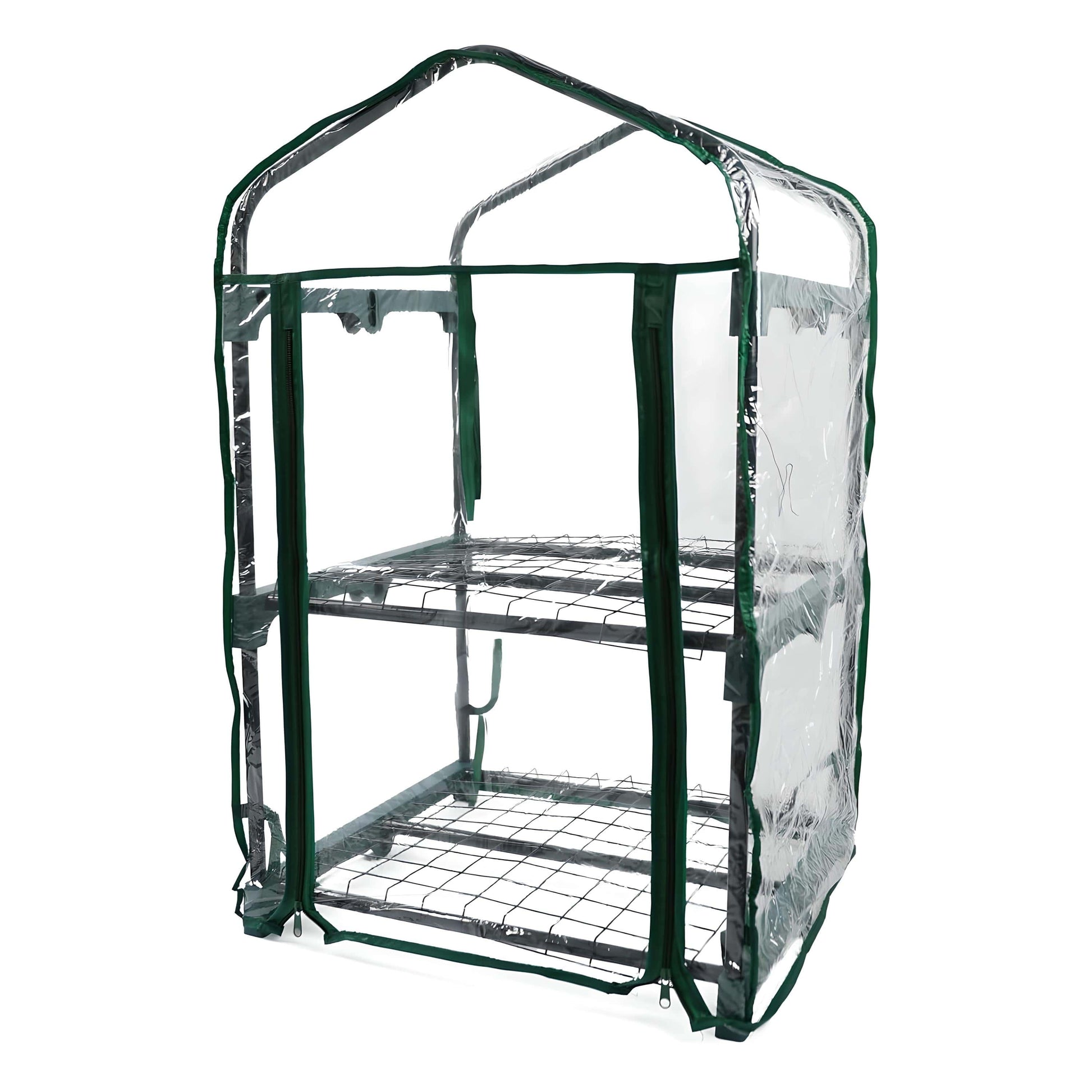 Portable greenhouse with clear plastic cover and green frame on a white background