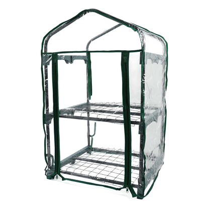 Portable greenhouse with clear plastic cover and green frame on a white background