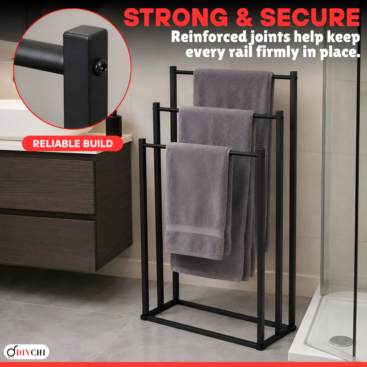 DIVCHI Freestanding Towel Rail - 3 Tier Towel Drying Stand, Black