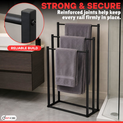 DIVCHI Freestanding Towel Rail - 3 Tier Towel Drying Stand, Black