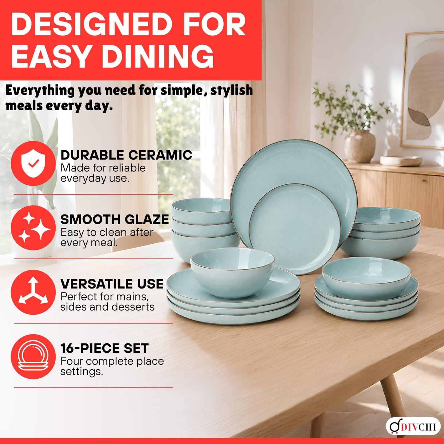 DIVCHI 16-Piece Dinner Set for 4 Ceramic Dinnerware Set