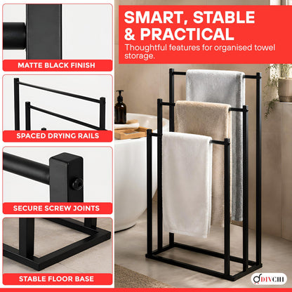 DIVCHI Freestanding Towel Rail - 3 Tier Towel Drying Stand, Black