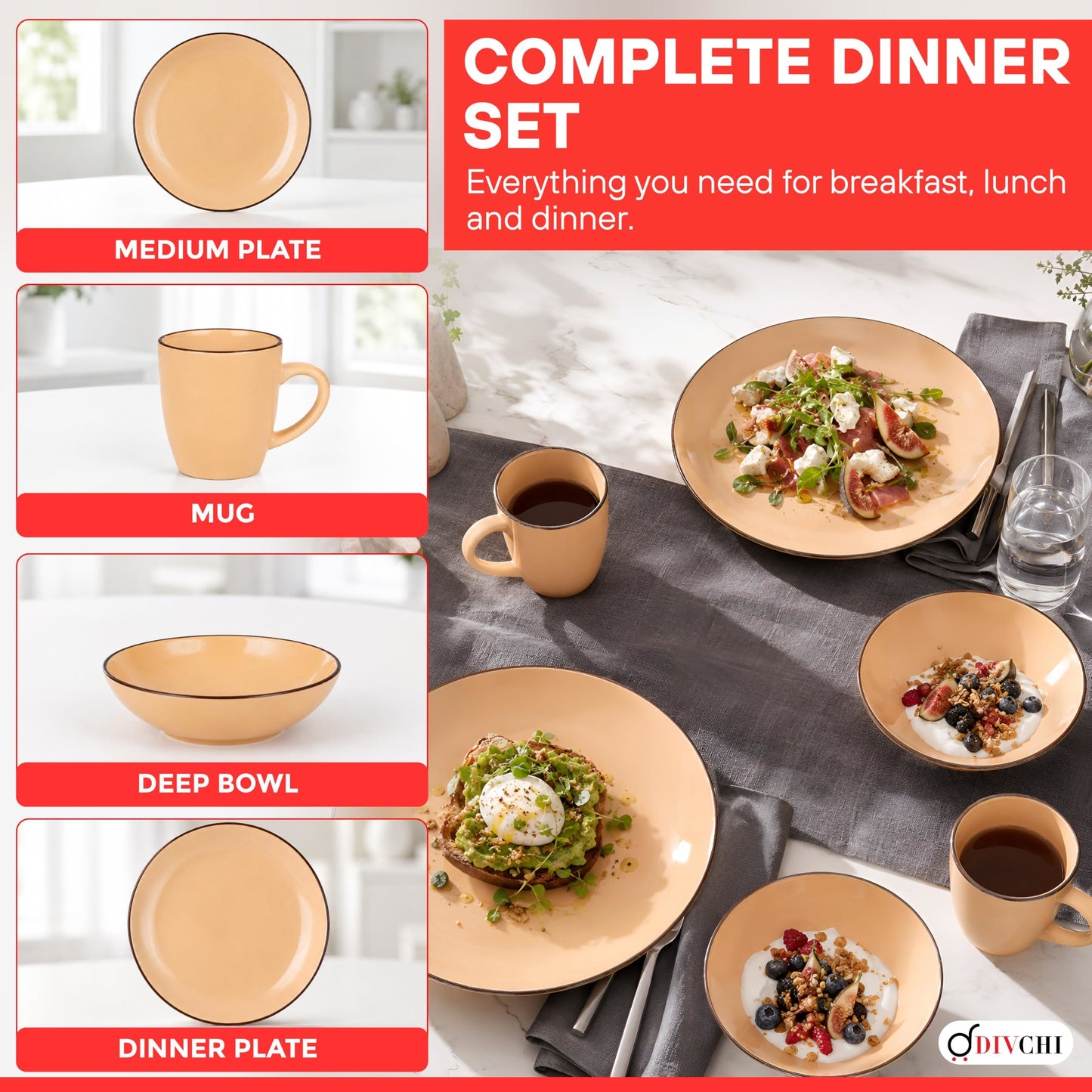 DIVCHI 16-Piece Dinner Set for 4, Ceramic Kitchen Tableware