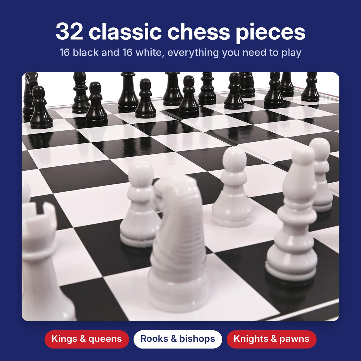 Close-up of DIVCHI chess pieces: kings, queens, rooks, bishops, knights and pawns
