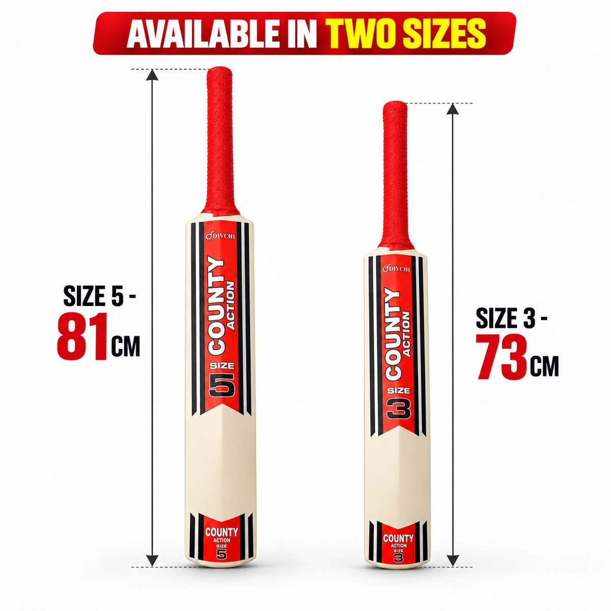 DIVCHI cricket bat sizes: Size 5 is 81 cm and Size 3 is 73 cm