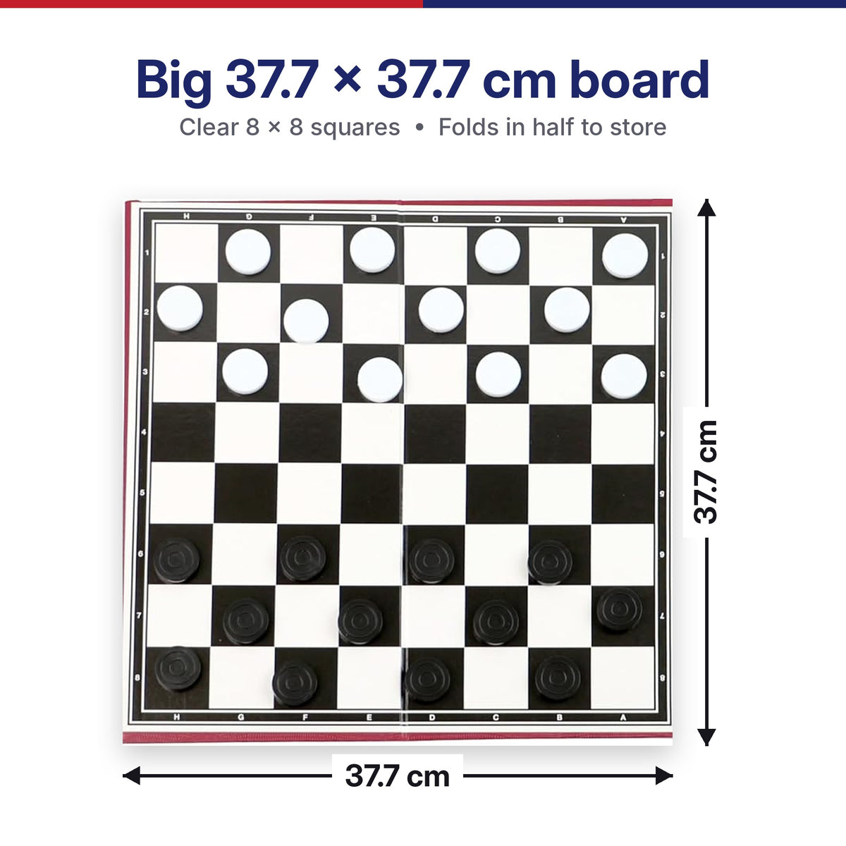 DIVCHI draughts board measures 37.7 x 37.7 cm with 8 x 8 squares