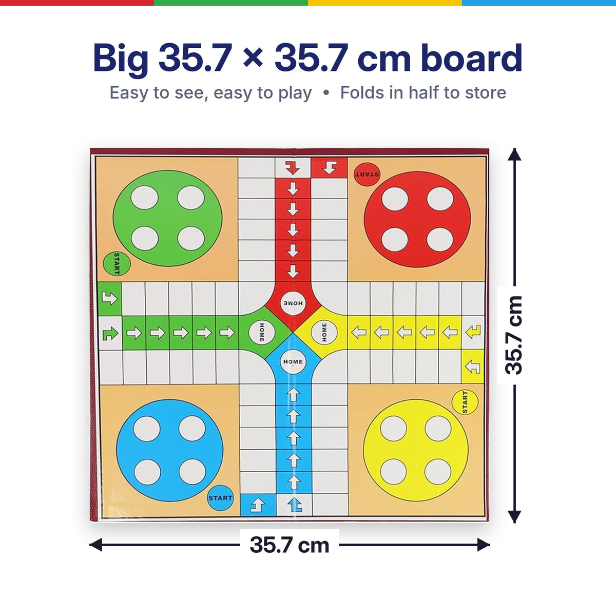 DIVCHI Ludo board measures 35.7 x 35.7 cm and folds in half to store