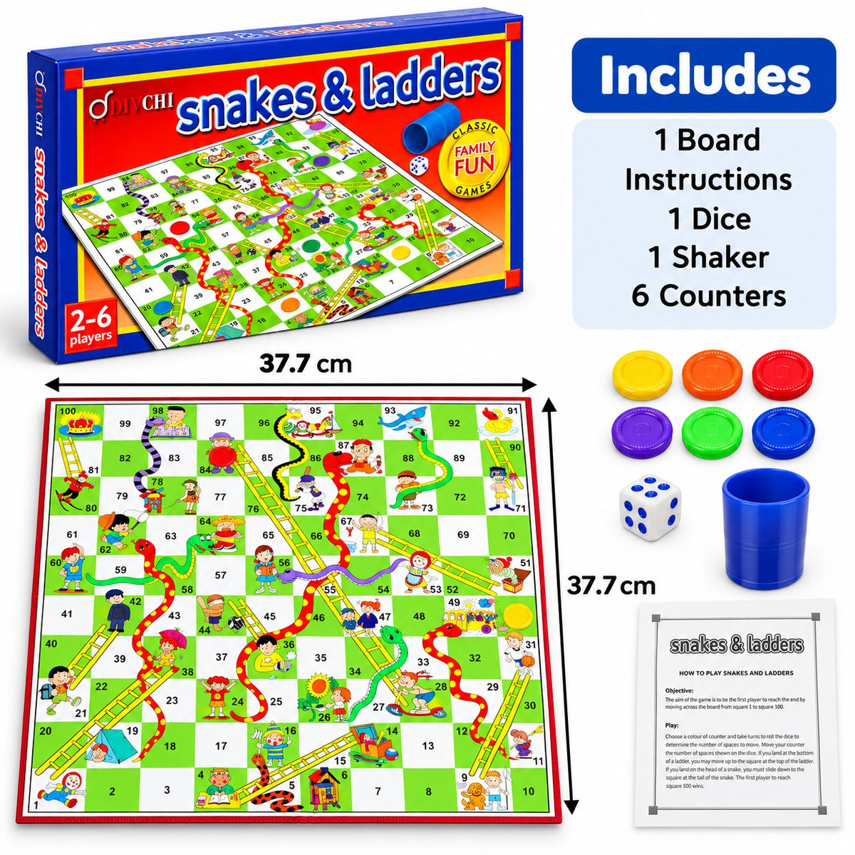 What's included in DIVCHI Snakes & Ladders: 37.7 cm board, instructions, 1 dice, 1 shaker and 6 counters