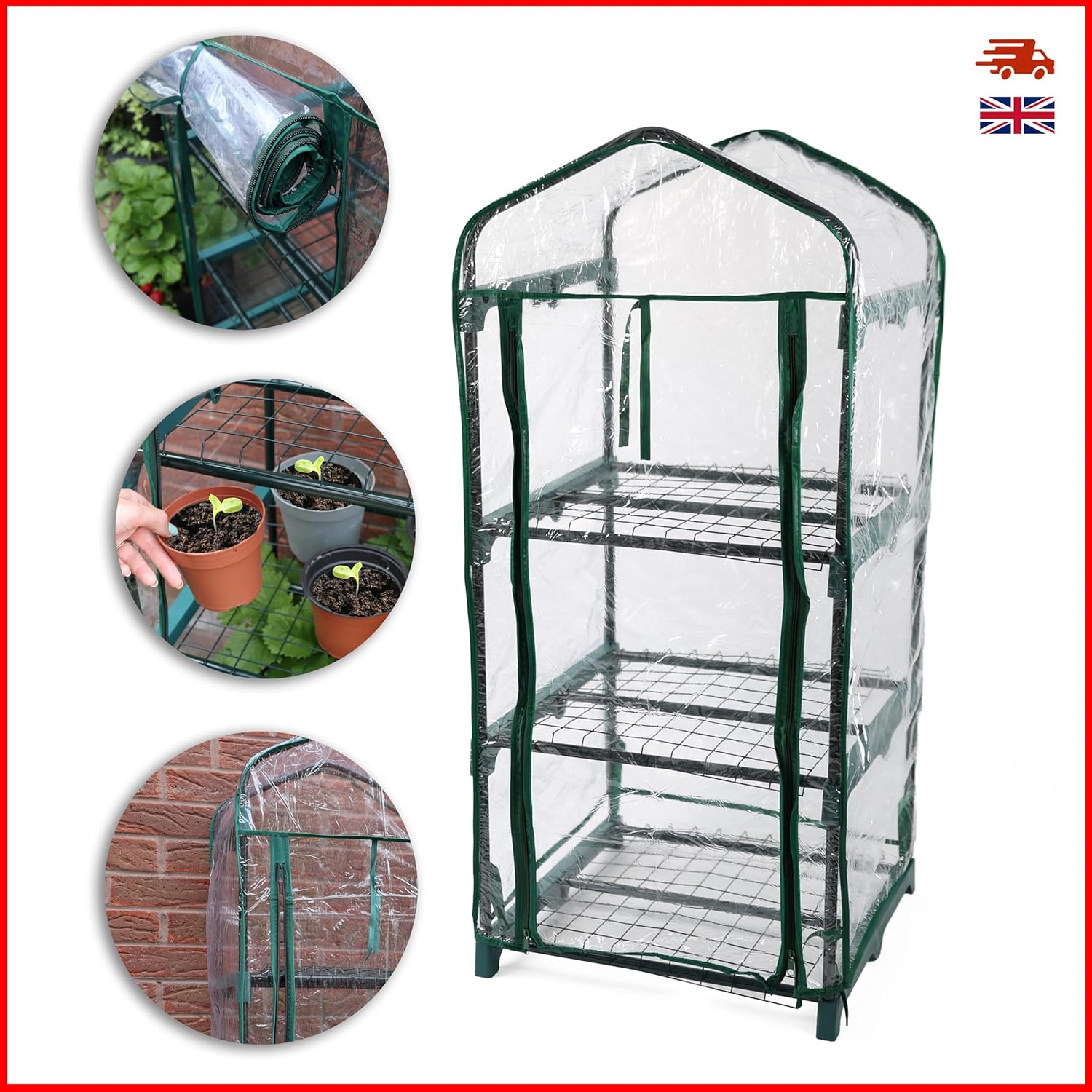 Portable 3 tier greenhouse with clear cover and green frame, showing plants inside and outside.