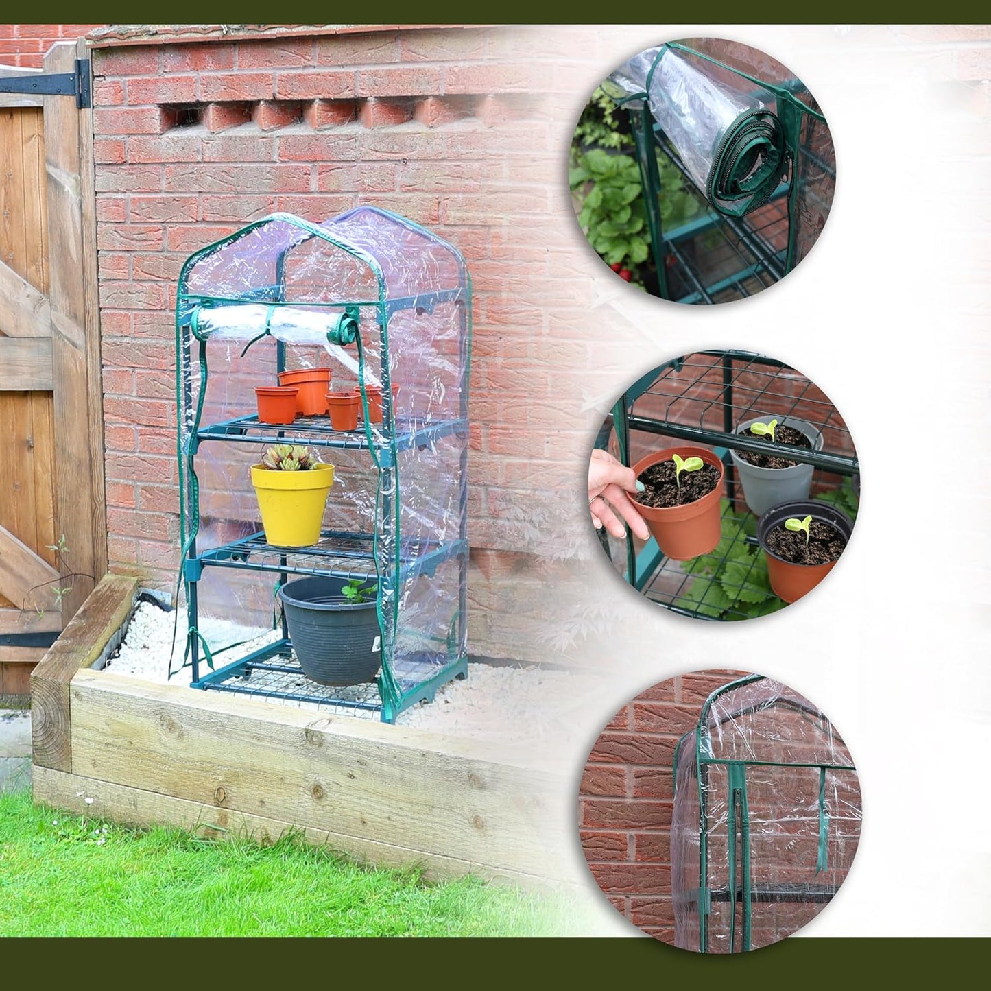 Portable greenhouse with plants and a roll of clear plastic against a brick wall.