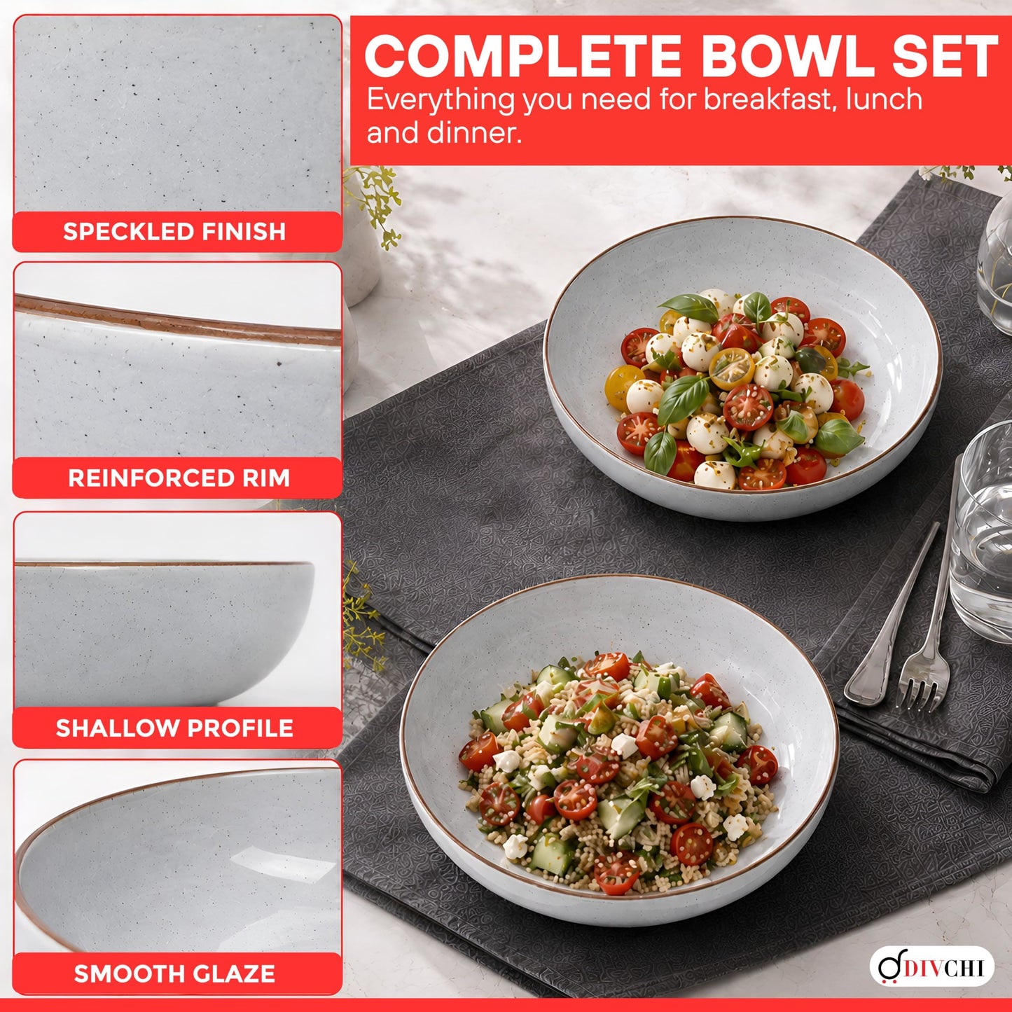 DIVCHI Bowls Set of 6, Ceramic Serving Bowl