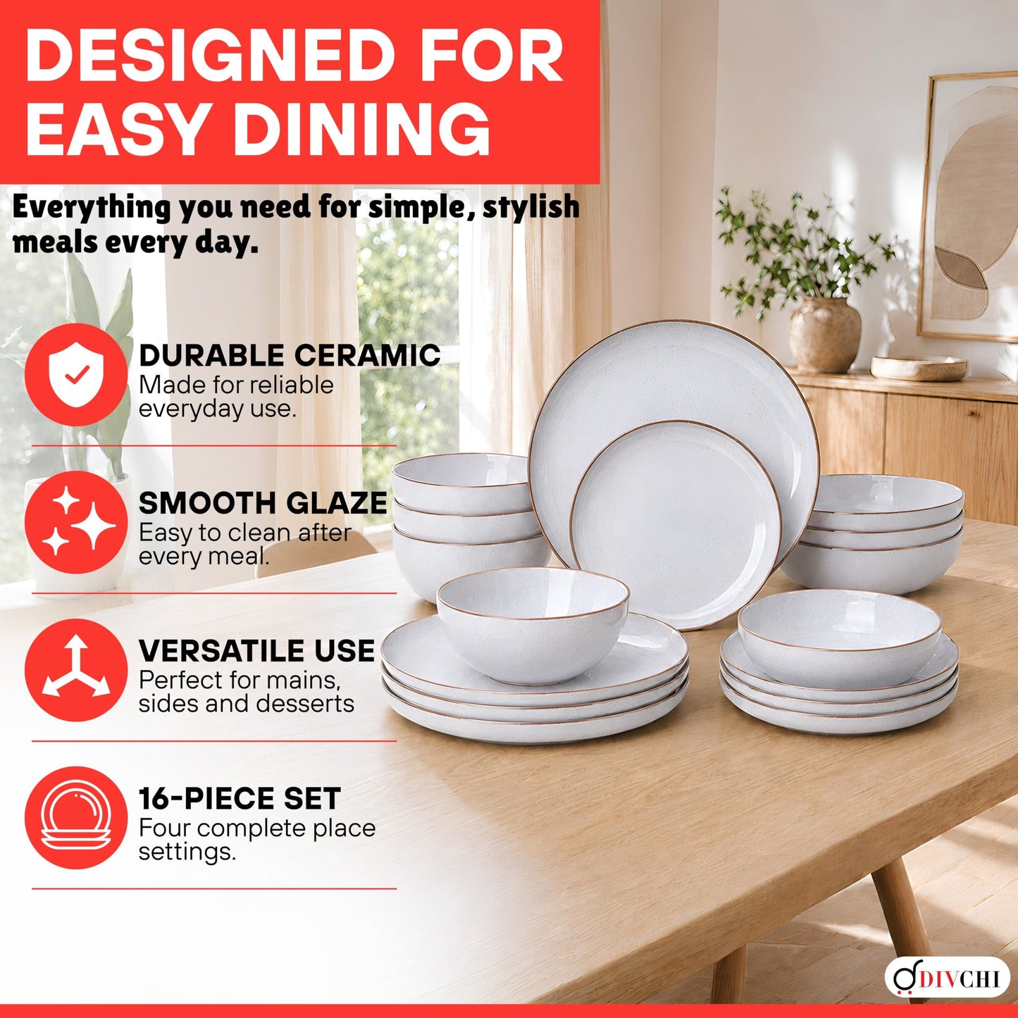 DIVCHI 16-Piece Dinner Set for 4 Ceramic Dinnerware Set