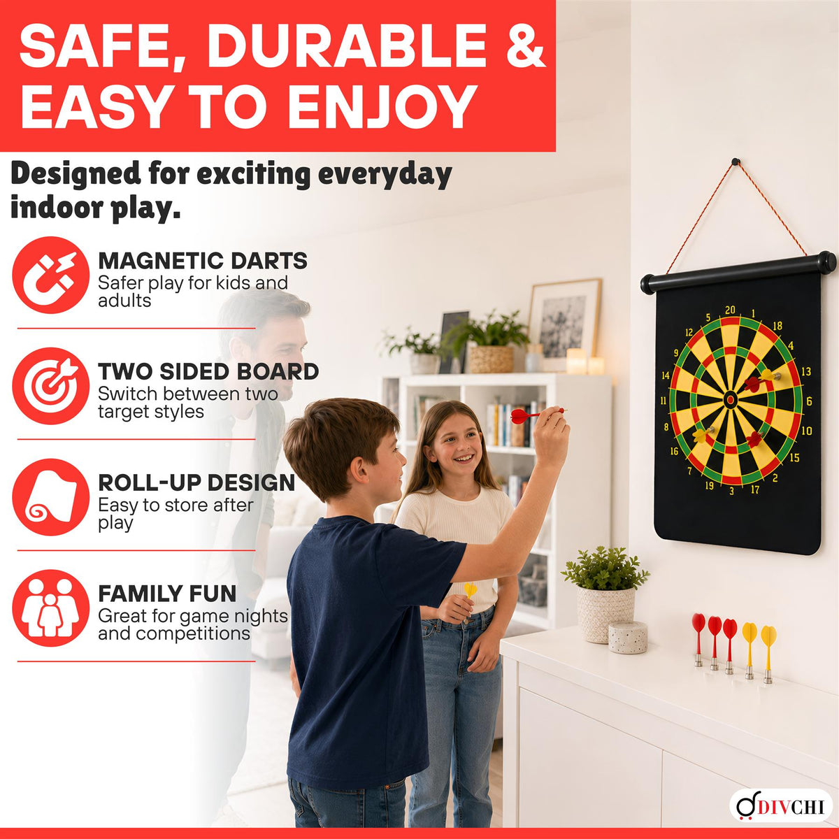 Kids playing the safe DIVCHI magnetic dart board with roll-up design