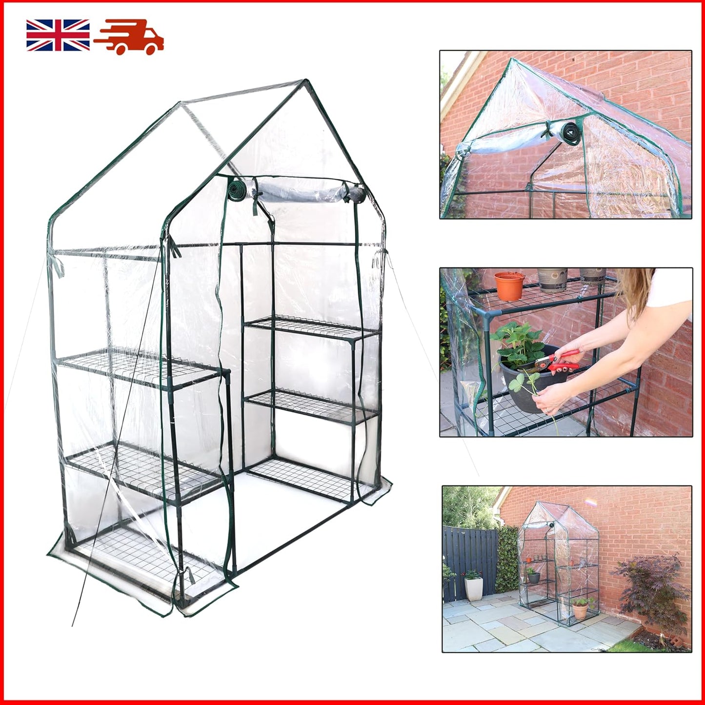 Portable greenhouse with shelves and images of its use outdoors.