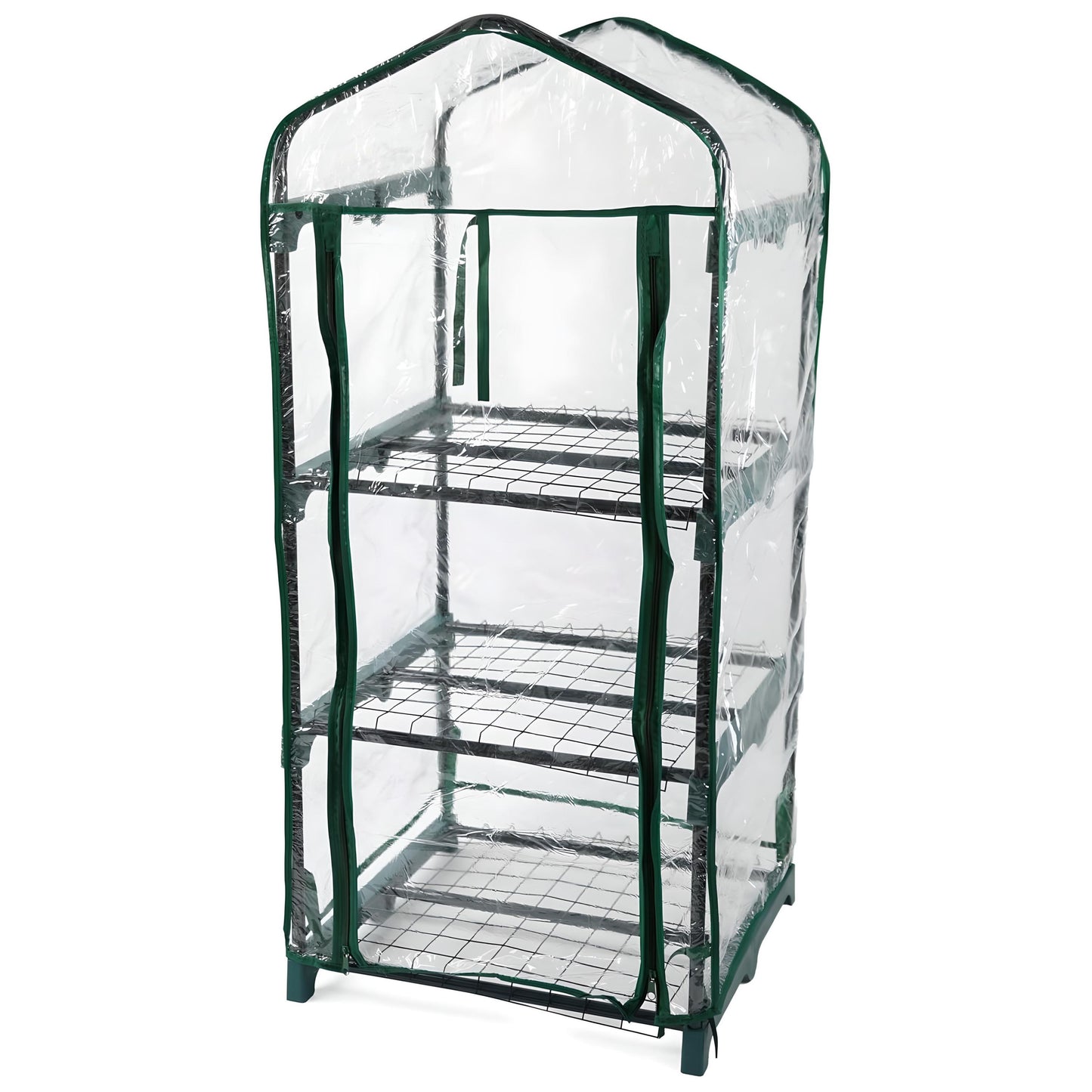 Small 3 tier greenhouse with clear plastic cover and green metal frame on a white background