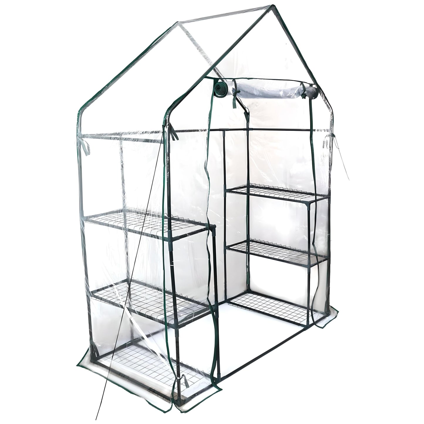 3 tier walk in greenhouse with clear plastic cover and metal frame on a white background