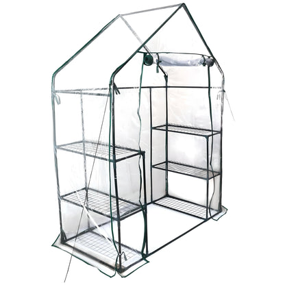 3 tier walk in greenhouse with clear plastic cover and metal frame on a white background