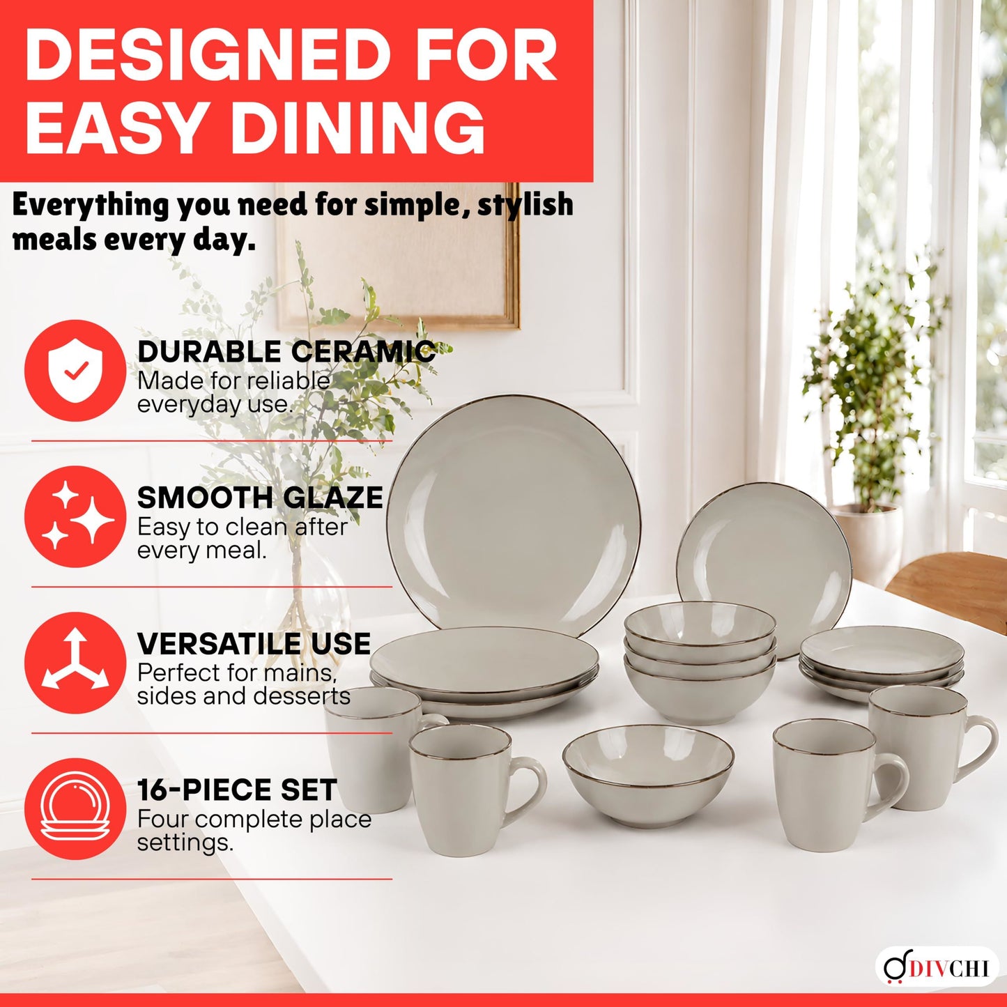 DIVCHI 16-Piece Dinner Set for 4, Ceramic Kitchen Tableware